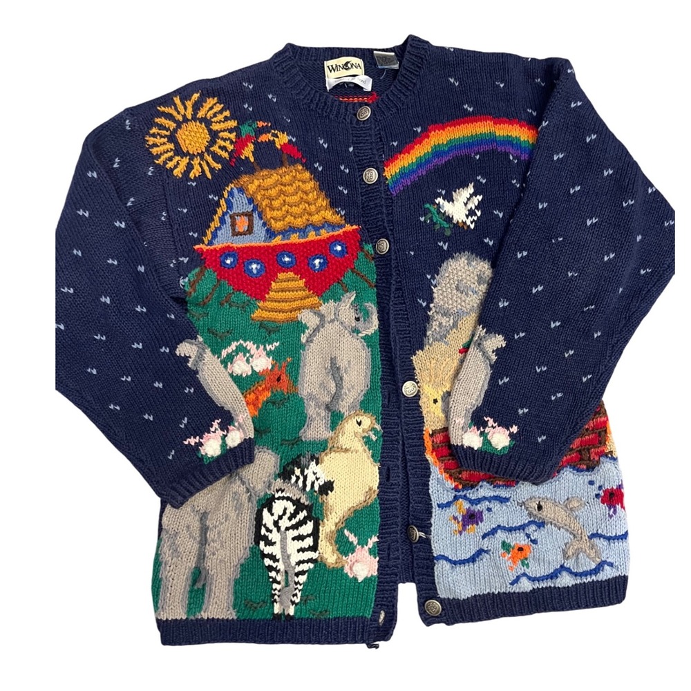 Winona Womens M Noah's Ark Novelty Hand Knit Button Cardigan‎ Sweater Cotton